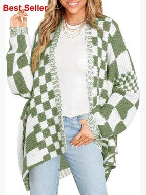 100% Polyester Checkered Cardigan, Oversized Open Front Knit Sweater